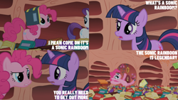 Size: 2000x1125 | Tagged: safe, derpibooru import, edit, edited screencap, editor:quoterific, screencap, pinkie pie, rarity, twilight sparkle, unicorn twilight, earth pony, pony, unicorn, g4, sonic rainboom (episode), book, golden oaks library, indoors, my little pony: friendship is magic, scroll