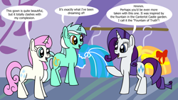 Size: 1920x1080 | Tagged: safe, artist:platinumdrop, derpibooru import, lyra heartstrings, rarity, twinkleshine, pony, unicorn, canterlot boutique, g4, clothes, commission, dialogue, dress, horn, indoors, my little pony: friendship is magic, smiling, speech bubble, talking