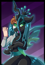 Size: 832x1200 | Tagged: safe, artist:icefire, derpibooru import, queen chrysalis, changeling, changeling queen, human, g4, bipedal, glasses, human to changeling, hypno eyes, mid-transformation, possession, smiling, transformation