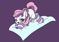 Size: 1092x773 | Tagged: safe, anonymous artist, derpibooru import, oc, oc only, oc:sweetieck dreams, pony, unicorn, g4, broom, butt, clothes, colored hooves, cute, eyelashes, female, filly, foal, hooves, horn, not sweetie belle, orange eyes, socks, solo, striped socks, tail, two toned mane, two toned tail, unicorn horn, upside down