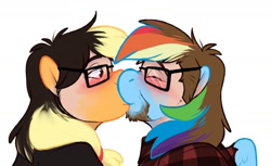 Size: 2048x1253 | Tagged: safe, artist:binturongboss, derpibooru import, applejack, rainbow dash, earth pony, human, pegasus, pony, g4, blushing, bust, clothes, duo, female, glasses, human to pony, kiss on the lips, kissing, male, portrait, simple background, species swap, transformation, transgender transformation, white background