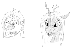 Size: 2114x1421 | Tagged: safe, artist:settop, derpibooru import, queen chrysalis, changeling, changeling queen, human, g4, bust, human to changeling, open mouth, portrait, simple background, sketch, surprised, transformation