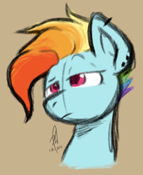 Size: 730x896 | Tagged: safe, artist:hopefulsparks, derpibooru import, rainbow dash, g4, alternate hairstyle, bust, ear piercing, female, lesbian, mugshot, piercing, raw sex appeal, short hair, signature, simple background, sketch