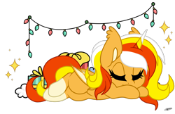 Size: 1600x1037 | Tagged: safe, artist:princessmoonsilver, derpibooru import, oc, oc:figgment, alicorn, bat pony, bat pony alicorn, pony, bat wings, christmas, christmas lights, female, holiday, horn, mare, simple background, sleeping, solo, transparent background, wings