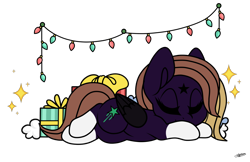 Size: 1600x1037 | Tagged: safe, artist:princessmoonsilver, derpibooru import, oc, oc:nega, pegasus, pony, christmas, christmas lights, female, holiday, mare, simple background, sleeping, solo, transparent background