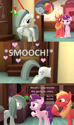 Size: 1920x3240 | Tagged: safe, artist:red4567, derpibooru import, big macintosh, marble pie, sugar belle, earth pony, pony, unicorn, 3d, accidental kiss, accidental shipping, blushing, female, hearth's warming eve, horn, humor, indoors, kissing, lesbian, male, marbelle, mistletoe, oops, ship:marblemac, shipping, snickering, source filmmaker, straight, sugarmac, thinking