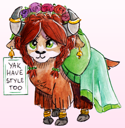 Size: 1006x1029 | Tagged: safe, artist:lailyren, derpibooru import, yona, yak, g4, bell, bracelet, clothes, cloven hooves, cute, dress, ear piercing, earring, fashion, female, floral head wreath, flower, horn, horn jewelry, horn ring, jewelry, piercing, quadrupedal, ring, sign, simple background, solo, style, text, traditional art, transparent background, watercolor painting, yonadorable