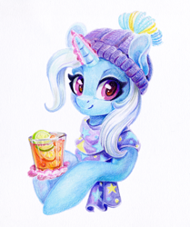 Size: 1252x1500 | Tagged: safe, artist:maytee, derpibooru import, trixie, pony, unicorn, g4, beanie, bust, clothes, colored pencil drawing, drink, hat, horn, magic, portrait, punsch (alcohol), scarf, smiling, telekinesis, traditional art