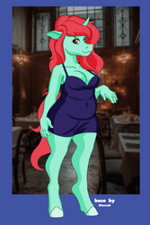 Size: 2400x3600 | Tagged: safe, artist:ihoundr, artist:miipack603, derpibooru import, oc, oc:erika pebblebrook, anthro, unguligrade anthro, unicorn, anthro oc, bare shoulders, base used, belly, breasts, chubby, cleavage, clothes, cocktail dress, collarbone, detailed background, dress, fat, female, golden eyes, hand, hooves, horn, indoors, mare, passepartout, plump, red mane, red tail, shading, short dress, smiling, tail, tight clothing, unicorn oc