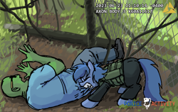 Size: 606x384 | Tagged: safe, artist:plunger, derpibooru import, oc, oc:anon, human, pony, armor, biting, female, male, mare, outdoors, police, police officer, police pony