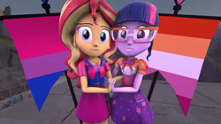 Size: 828x465 | Tagged: safe, derpibooru import, sci-twi, sunset shimmer, twilight sparkle, equestria girls, g4, 3d, bisexual pride flag, female, lesbian, lesbian pride flag, outdoors, pride, pride flag, sci-twishimmer, shipping, source filmmaker, sunset shimmer is bisexual, sunsetsparkle