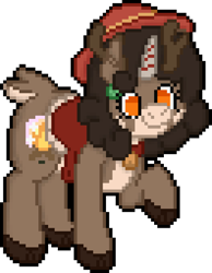 Size: 528x680 | Tagged: safe, artist:bloonacorn, derpibooru import, oc, oc:bloona blazes, deer, reindeer, bell, bell collar, collar, digital art, hat, pixel art, saddle, simple background, tack, team fortress 2, transparent background