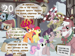 Size: 1440x1080 | Tagged: safe, artist:bronybyexception, derpibooru import, apple bloom, applejack, big macintosh, caramel, fluttershy, pinkie pie, scootaloo, spoiled rich, sweetie belle, deer, reindeer, g4, advent calendar, antlers, charity, christmas, christmas decoration, clothes, costume, hat, holiday, reindeer magic, reindeerified, santa beard, santa costume, santa hat, scarf, scootadeer, sharpie, species swap, stopped time, time stop, virtue of charity, winter