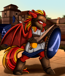 Size: 2367x2748 | Tagged: safe, artist:pridark, derpibooru import, oc, oc only, bat pony, pony, semi-anthro, armor, bat pony oc, helmet, outdoors, partially open wings, shield, solo, sword, weapon, wings