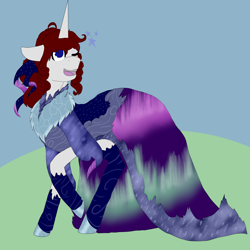 Size: 5800x5800 | Tagged: safe, artist:florarena-kitasatina/dragonborne fox, derpibooru import, oc, oc only, oc:crimson flame, unicorn, absurd resolution, aurora borealis, clothes, colored, dress, flat colors, gala dress, horn, one eye closed, raised leg, signature, smiling, wink