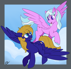 Size: 3115x3022 | Tagged: safe, artist:cloudybirb, derpibooru import, oc, oc only, oc:cloud quake, oc:icarus, pegasus, pony, cloud, duo, female, flying, looking at each other, looking at someone, mare, outdoors, passepartout, pegasus oc, sky, spread wings, wings