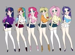 Size: 2048x1519 | Tagged: safe, artist:timelessclownry, derpibooru import, applejack, fluttershy, pinkie pie, rainbow dash, rarity, twilight sparkle, human, g4, anime eyes, applerack, blush lines, blushing, bow, breasts, cleavage, clothes, female, gray background, group, hair bow, headlight sparkle, hootershy, horn, horned humanization, humanized, looking at you, mane six, off shoulder, pale skin, pleated skirt, rainboob dash, raritits, same face syndrome, satire, sextet, simple background, skirt, socks, stockings, sweater, tanktop, thigh highs, turtleneck, winged humanization, wings, zettai ryouiki