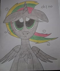 Size: 2830x3351 | Tagged: safe, artist:princess ice color twinkle, derpibooru import, oc, alicorn, alicorn oc, chest hair, downed ears, eyelashes, folded wings, gray skin, green eyes, horn, mare oc, messy mane, sad, text, three toned mane, wings