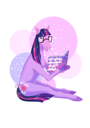 Size: 1614x2283 | Tagged: safe, artist:grolrex, derpibooru import, twilight sparkle, pony, g4, anatomically incorrect, book, bucktooth, concave belly, cyrillic, female, glasses, hoers, holding, incorrect leg anatomy, mare, missing horn, nerd, russian, sitting, solo