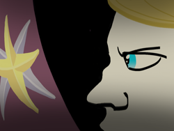 Size: 1600x1200 | Tagged: safe, artist:1611volk, derpibooru import, prince blueblood, human, g4, banner, black background, blonde, blonde hair, blue eyes, close-up, cutie mark, humanized, male, royalty, simple background, solo, stare