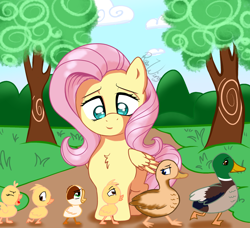 Size: 1870x1705 | Tagged: safe, artist:flutterbug18, derpibooru import, fluttershy, bird, duck, goose, pegasus, pony, g4, brightbill, cameo, cute, dreamworks, duckling, family, female, gosling, looking down, mare, one of these things is not like the others, outdoors, path, shyabetes, smiling, solo, the wild robot, tree