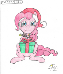 Size: 1069x1255 | Tagged: safe, artist:tuifreak, derpibooru import, pinkie pie, g4, christmas, female, hat, holiday, present, santa hat, simple background, white background