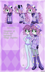 Size: 1900x3000 | Tagged: safe, artist:eilidh-draw, derpibooru import, oc, oc only, oc:mystique (ice1517), earth pony, pony, equestria girls, g4, barefoot, belly, belly button, boots, bra, clothes, coat, coat markings, commission, ear piercing, earring, equestria girls-ified, eyeshadow, feet, fishnet clothing, fishnet stockings, freckles, gloves, hat, jewelry, lip piercing, lipstick, magical lesbian spawn, magician, magician outfit, makeup, offspring, parent:applejack, parent:trixie, parents:tripplejack, piercing, purple underwear, reference sheet, shirt, shoes, skirt, solo, stockings, thigh highs, underwear, ych result