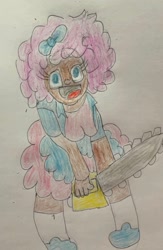 Size: 1012x1553 | Tagged: safe, artist:fxoggyyy, artist:gumball 🌈♾️, derpibooru import, pinkie pie, human, g4, bow, chainsaw, clothes, dark skin, female, happy, humanized, jacket, long socks, object, open mouth, shirt, shoes, simple background, skirt, smiling, socks, solo, traditional art, weapon, white background