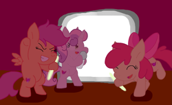 Size: 1473x904 | Tagged: safe, artist:cmara, derpibooru import, apple bloom, scootaloo, sweetie belle, cutie mark crusaders, female, karaoke, trio, trio female