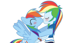 Size: 1920x1080 | Tagged: safe, anonymous artist, derpibooru exclusive, derpibooru import, rainbow dash, human, pegasus, pony, equestria girls, g4, blushing, clothes, eyes closed, female, hoodie, human and pony, interspecies selfcest, jacket, kissing, lesbian, op is trying to start shit, pony on human kissing, self paradox, self ponidox, selfcest, ship:dashdash, shipping, shirt, simple background, spread wings, transparent background, wingboner, wings, wristband