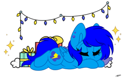 Size: 1600x1037 | Tagged: safe, artist:princessmoonsilver, derpibooru import, oc, oc:static, pegasus, pony, christmas, christmas lights, female, hair over eyes, holiday, lying down, mare, prone, simple background, sleeping, solo, transparent background