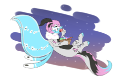 Size: 1280x826 | Tagged: safe, artist:shamy-crist, derpibooru import, oc, oc:syren, draconequus, basket, chest fluff, draconequus oc, eating, female, fluffy, gem, hooves, insect wings, paws, solo, tail, wings