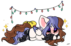 Size: 1600x1037 | Tagged: safe, artist:princessmoonsilver, derpibooru import, oc, oc:ari skye, pegasus, pony, christmas, christmas lights, clothes, female, hair over eyes, holiday, leg warmers, lying down, mare, prone, simple background, sleeping, solo, transparent background