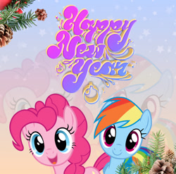 Size: 2744x2706 | Tagged: safe, artist:saltyvity, derpibooru import, edit, pinkie pie, rainbow dash, earth pony, pegasus, pony, g4, 2025, blue background, blue eyes, christmas, christmas tree, compassion, cute, dashabetes, diapinkes, gradient background, happy new year, heartwarming, holiday, hope, kindness, looking at you, loyalty, merry christmas, multicolored hair, optimism, pink eyes, pink hair, rainbow hair, simple background, sisterly love, smiling, smiling at you, snow, solo, tree