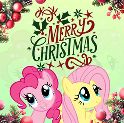 Size: 2744x2706 | Tagged: safe, artist:saltyvity, derpibooru import, edit, fluttershy, pinkie pie, earth pony, pegasus, pony, g4, 2025, blue eyes, christmas, christmas ball, christmas tree, compassion, cute, diapinkes, gradient background, green background, green eyes, happy new year, holiday, hope, kindness, merry christmas, optimism, pink hair, shyabetes, simple background, smiling, snow, solo, sparkles, tree