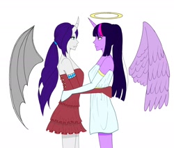 Size: 2000x1700 | Tagged: safe, artist:mrtsg7, derpibooru import, rarity, twilight sparkle, angel, human, g4, alicorn humanization, alternate hairstyle, breasts, clothes, devil, devil horns, devil rarity, dress, duo, duo female, evening gloves, fangs, female, gloves, halo, horn, horned humanization, horns, hug, humanized, lesbian, long gloves, looking at each other, looking at someone, pony coloring, rarilight, shipping, shoulder devil, simple background, twilight sparkle is not amused, unamused, white background, winged humanization, wings