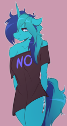 Size: 1260x2372 | Tagged: safe, artist:witchtaunter, derpibooru import, oc, anthro, unicorn, clothes, commission, female, gray background, horn, shirt, simple background, solo, tired