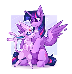 Size: 2461x2540 | Tagged: safe, artist:buvanybu, derpibooru import, twilight sparkle, twilight sparkle (alicorn), alicorn, pony, g4, crossover, cute, duo, espeon, passepartout, pokémon