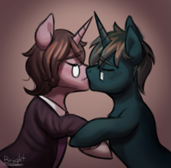 Size: 979x959 | Tagged: safe, artist:bkiltersot, derpibooru import, oc, oc only, oc:emerald sky, oc:midnight scrawl, pony, unicorn, blushing, clothes, duo, duo male, gay, glasses, holding hooves, horn, kissing, male, male oc, one eye closed, simple background, suit, unicorn oc, vignette