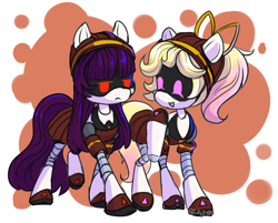 Size: 2024x1624 | Tagged: safe, artist:arky2000, derpibooru import, pony, robot, robot pony, abstract background, bow, clothes, doll (murder drones), duo, duo female, female, friends, frown, hard hat, hat, lizzy, looking at someone, murder drones, open mouth, open smile, ponified, ponytail, raised hoof, raised leg, school uniform, skirt, smiling, species swap, walking, worker drone