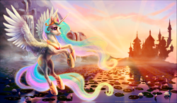 Size: 1600x927 | Tagged: safe, artist:cosmicunicorn, derpibooru import, princess celestia, alicorn, pony, g4, backlighting, belly, calm, canterlot, cloud, crepuscular rays, ethereal mane, female, flower, flying, full body, hoof shoes, jewelry, lake, lilypad, mare, morning, multicolored mane, multicolored tail, outdoors, peytral, pink cloud, princess shoes, reflection, regalia, scenery, sky, smiling, solo, spread wings, sunrise, tail, water, waterfall, waterlily, wings