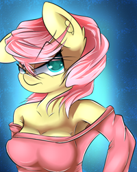 Size: 1200x1500 | Tagged: safe, artist:madacon, derpibooru import, fluttershy, anthro, g4, angry, armpits, breasts, clothes, ear fluff, ears, female, hootershy, off shoulder, solo, sweater, sweatershy, unamused