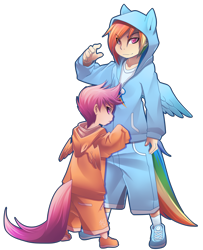 Size: 2540x3121 | Tagged: safe, artist:phation, derpibooru import, rainbow dash, scootaloo, human, g4, clothes, hoodie, humanized, tail, tailed humanization, winged hoodie