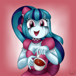 Size: 3000x3000 | Tagged: safe, artist:queentigrel, derpibooru import, sonata dusk, human, equestria girls, g4, breasts, cleavage, clothes, dress, female, food, makeup, psychonata dusk, running makeup, solo, sonata bust, tea, yandere