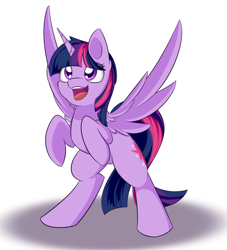 Size: 1614x1778 | Tagged: safe, artist:dusthiel, derpibooru import, twilight sparkle, twilight sparkle (alicorn), alicorn, pony, g4, cute, female, fluffy, happy, horn, looking up, mare, open mouth, open smile, rearing, smiling, solo, spread wings, wings