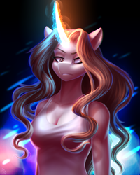 Size: 2000x2500 | Tagged: safe, artist:glitteronin, derpibooru import, oc, oc only, oc:golden pen, anthro, unicorn, breasts, cleavage, clothes, curved horn, female, glowing, glowing horn, gritted teeth, horn, looking at you, magic, solo, tanktop, teeth