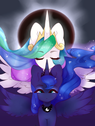 Size: 4536x6000 | Tagged: safe, artist:ask-angelheartz, artist:princesstiramichyuu, derpibooru import, princess celestia, princess luna, alicorn, pony, g4, 2017 solar eclipse, alicorn eclipse, cute, cutelestia, duo, eclipse, eyebrows, eyebrows visible through hair, eyes closed, female, jewelry, looking at you, lunabetes, mare, regalia, royal sisters, siblings, sisters, solar eclipse, spread wings, wings