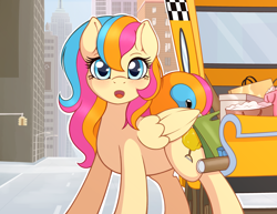 Size: 3300x2550 | Tagged: safe, artist:ratofdrawn, derpibooru import, oc, oc only, oc:golden gates, pegasus, pony, babscon, blushing, city, cute, female, freckles, looking at you, mare, open mouth, solo, taxi