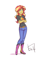 Size: 2480x3508 | Tagged: safe, artist:jurill, derpibooru import, sunset shimmer, human, g4, belt, boots, clothes, crossed arms, denim, female, geode of empathy, humanized, jeans, magical geodes, pants, shoes, signature, simple background, smiling, solo, white background