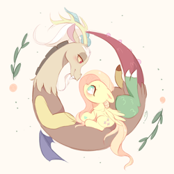 Size: 2000x2000 | Tagged: safe, artist:ipun, derpibooru import, discord, fluttershy, draconequus, pegasus, pony, g4, bedroom eyes, blushing, curled up, cute, discoshy, ears, eye contact, female, floppy ears, looking at each other, looking at someone, male, mare, no pupils, profile, shipping, sitting, straight, wings